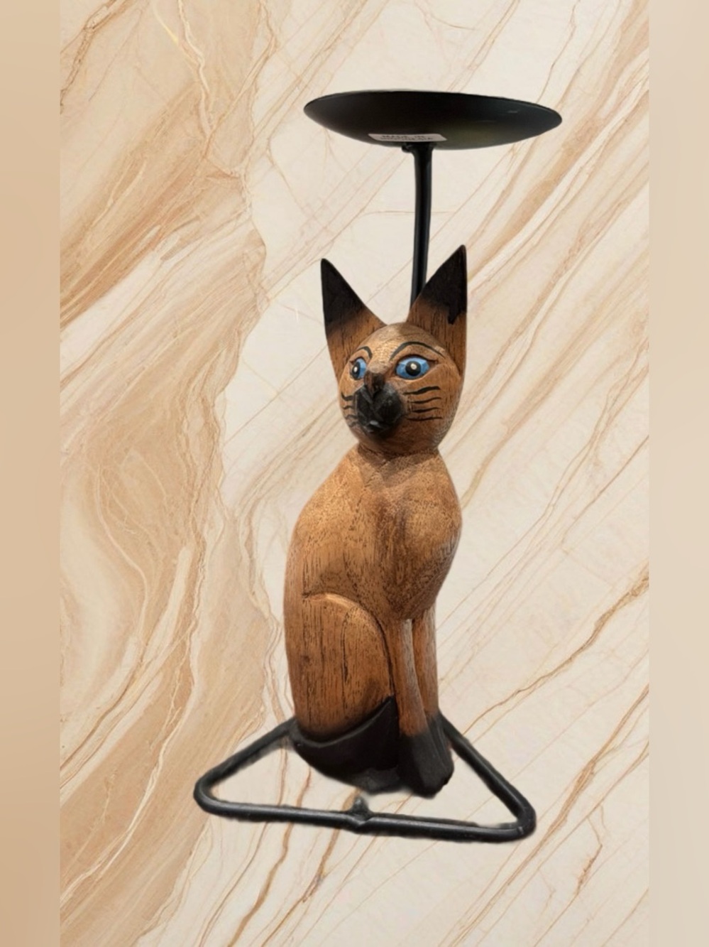 HAND-CARVED WOODEN  SIAMESE CAT BLUE PAINTED EYES CANDLE HOLDER.BLACK METAL BASE